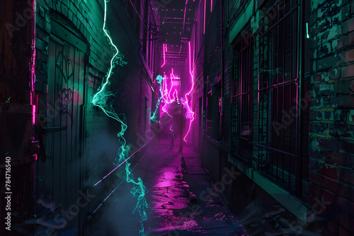 Shadowy alleyway with neon light trails of sinister figures isolated on black background.