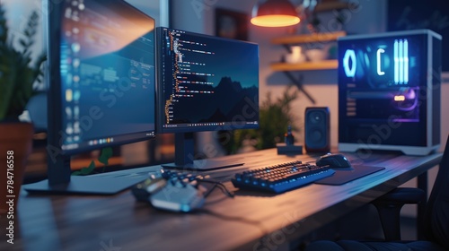 Modern Coding Workspace with Dual Monitors and Custom PC Setup