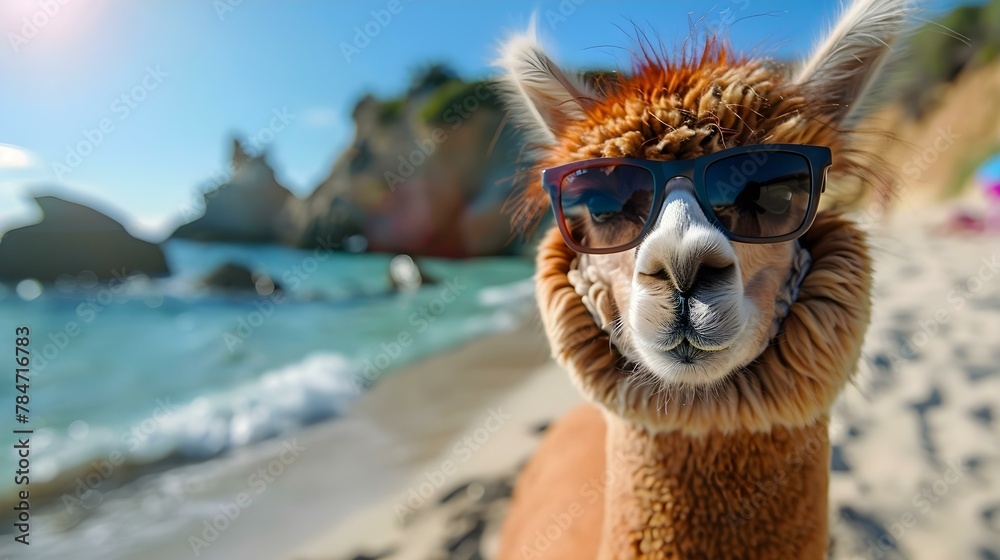 Fototapeta premium Chill Alpaca Soaking up Sun on Seaside Holiday. Concept Seaside Escapade, Alpaca Photoshoot, Relaxing Vacation