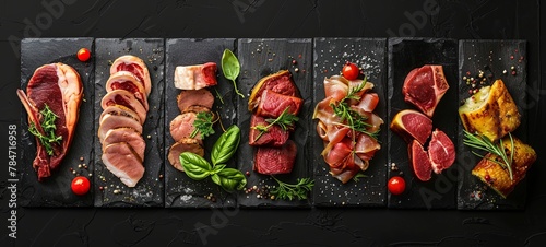Food collage. Set of different meats on a black background. View from above. generative ai