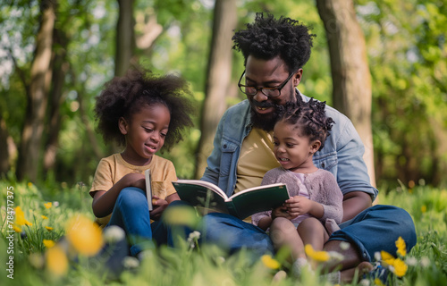 Dad with two daughters in the park reading and smiling
