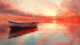 A tranquil lake with a solitary boat, under a pastel sky of white, pink, and sky blue. A red aura symbolizes renewal and passion, offering a sanctuary for soul rejuvenation.