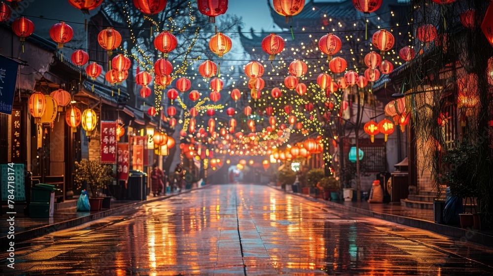 Street Filled With Lit Up Lanterns
