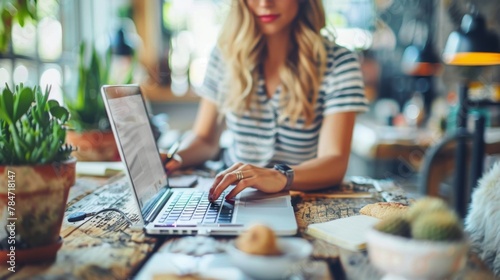 Woman Sitting at Table Using Laptop Computer