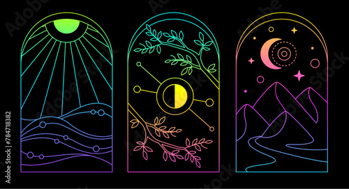 Set of Modern magic fluorescent witchcraft cards with sun, moon, mountains and ocean. Line art occult vector illustration