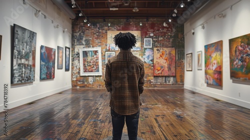 Person Standing in Room With Paintings on Walls