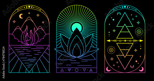 Set of Modern magic fluorescent witchcraft cards with Four elements and lotus. Line art occult vector illustration