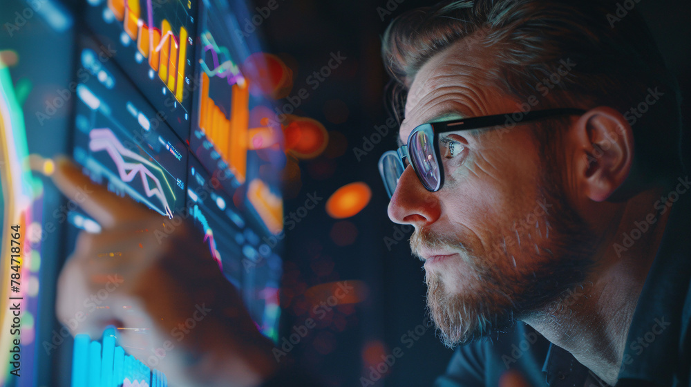 Focused man analyzing data on computer screen with chart Focused man analyzing data on computer screen with chart