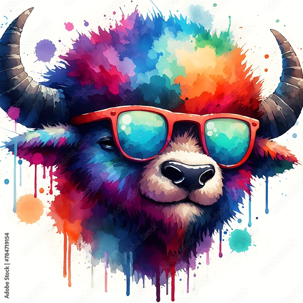 Cartoon Bison: Abstract Watercolor Painting with Colorful Details and Sunglasses, Perfect for T-shirt Prints or High-Quality Wall Art.