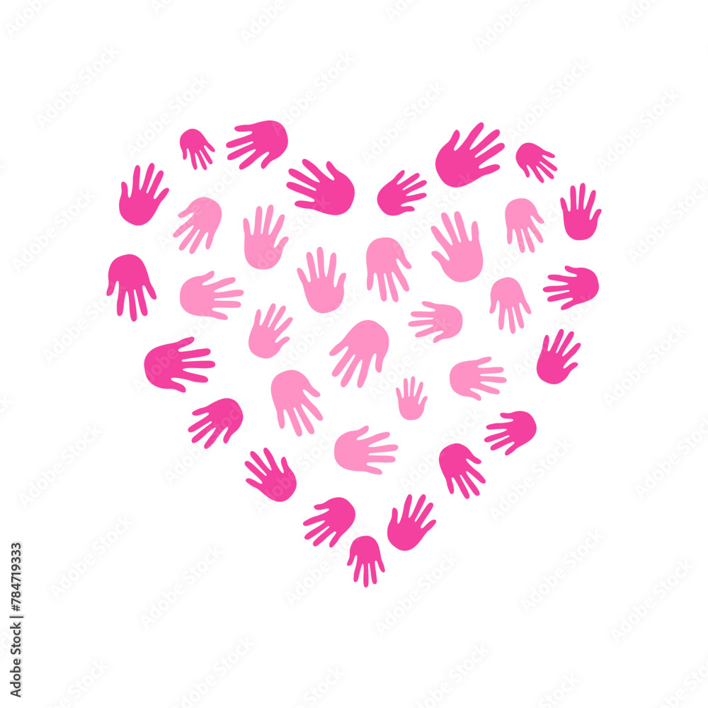 Hands, palms, print. The shape heart. Silhouette of the palm. Fingers of the hand of a person. Design concepts of help, support, love. Drawing. Vector Graphics. Illustration on isolated background.