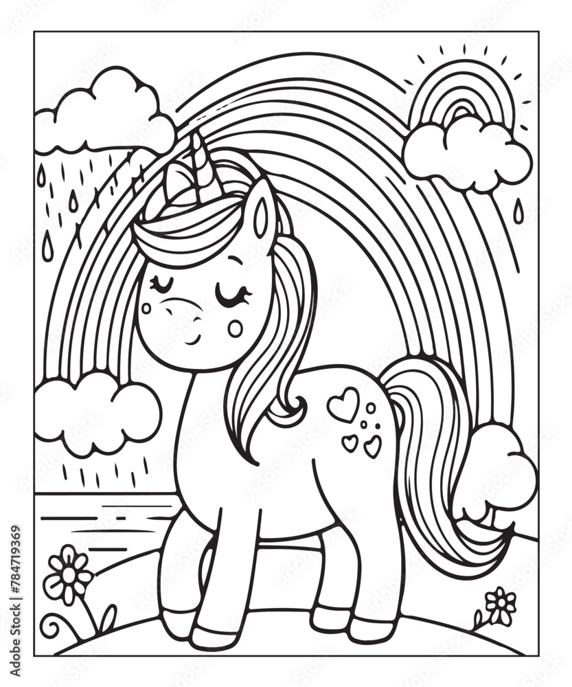 Fototapeta premium Cute unicorn with rainbow. black and white vector illustration for coloring book, Generative AI