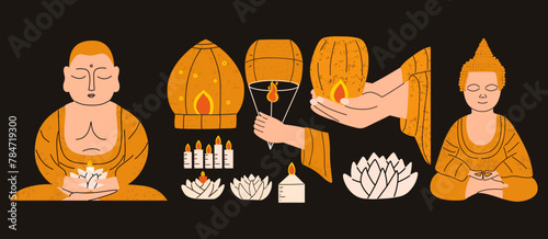 Happy Vesak Day set.  Collection illustration with Buddhist monk, Buddha, Chinese lanterns, lotus. Vector illustration in hand draw style.