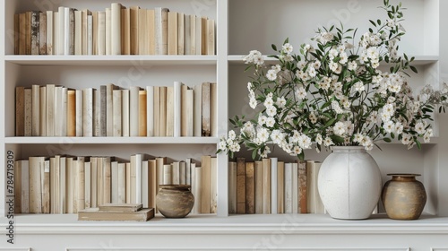 White Shelf With Books and Vases of Flowers