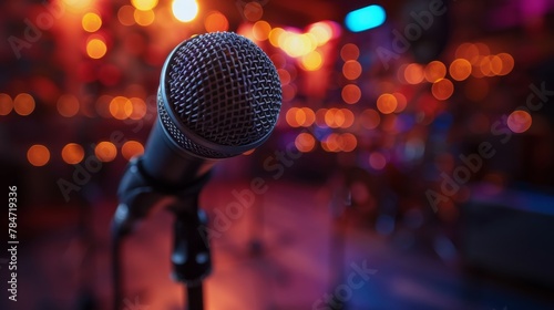 Microphone on Stand in Front of Blurry Background