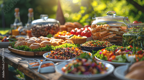 Catering buffet with different food snacks and appetizers in the garden photo