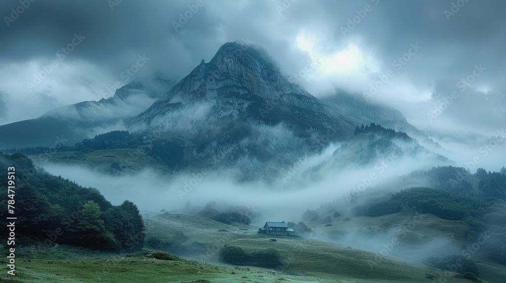 Naklejka premium Foggy Mountain With House in Foreground