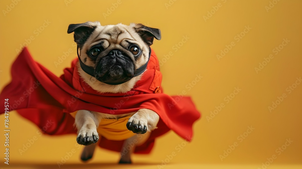 Super Pug's Daring Leap on Sunny Background. Concept Pets, Action, Adventure, Nature, Sunlight