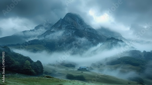 Foggy Mountain With House in Foreground