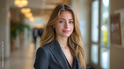 Woman in Suit Standing in Hallway