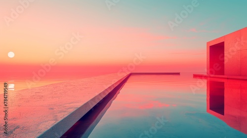 A serene lake reflects translucent ideas in cherry red and bubblegum pink at dusk. Minimalistic composition with rule of thirds evokes calm introspection.