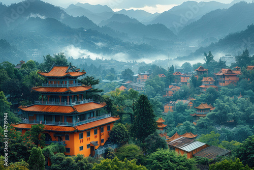 A mountain landscape framed by a bustling metropolis