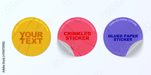 Round paper sticker label. glued sticker mockup. realistic wrinkled surface of adhesive paper