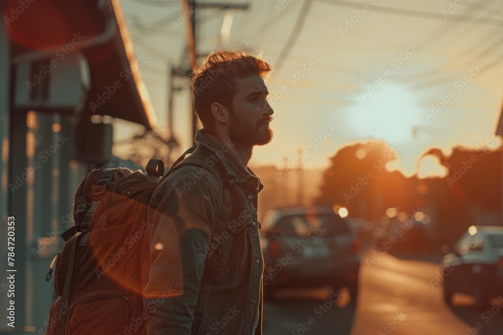 A man with a backpack during sunset in an urban setting, a depiction of travel, adventure, and the search for new experiences.

