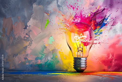 Innovation and creativity. "Colorful Creativity: Light Bulb with Paint Splashes".. Description: Light bulb bursting with colorful splatters.