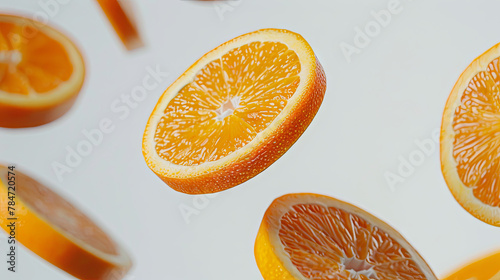 Juicy orange slices floating in the air on a light background