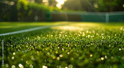 Close-up pista de tenis de hierba, césped recién cortado en una cancha de tenis antes de un torneo photo
