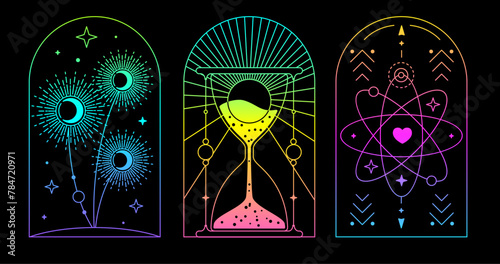 Set of Modern magic fluorescent witchcraft cards with hourglass, sun, moon and dandelions. Line art occult vector illustration
