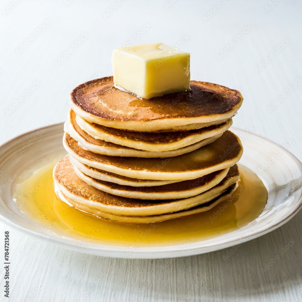 Tasty pancakes with honey and butter, isolated on white Tasty pancakes with honey and butter, isolated on white