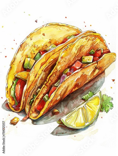 Hand-drawn illustration of two tacos with beef and fresh vegetables