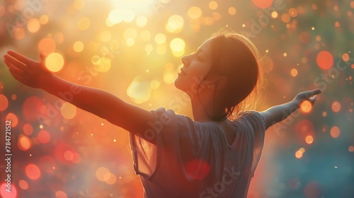 A joyful girl with outstretched arms against a background of dawn with a bokeh effect