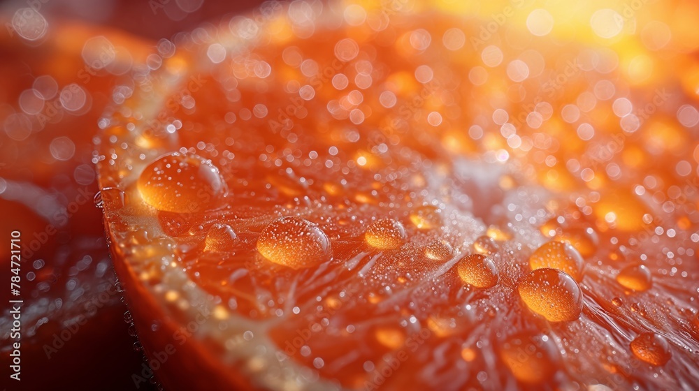 A close-up of a wet orange with water droplets emphasizing its freshness and juiciness A close-up of a wet orange with water droplets emphasizing its freshness and juiciness