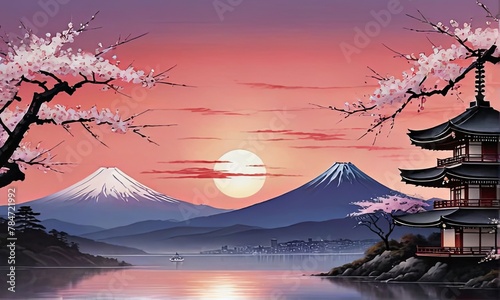 Majestic Mount Fuji  Japans iconic peak  bathed in warm hues of breathtaking sunset. Tranquil beauty of scene is accentuated by blending colors of sky. For art  creative projects  fashion  magazines.