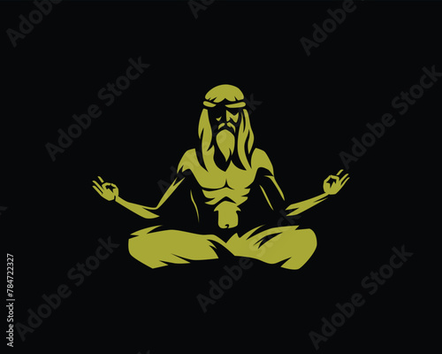 silhouette hippie guru meditation in spot light with dark black background 