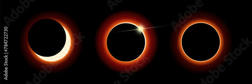 Phases of a solar eclipse. Bright sunshine. Vector.