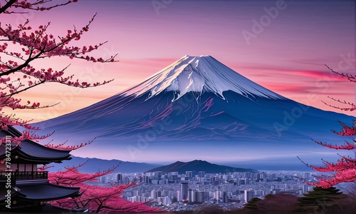 Majestic Mount Fuji in foreground, complemented by delicate backdrop of cherry blossoms in full bloom, tranquility of Japans iconic landscapes. For art, creative projects, fashion, style, magazines.