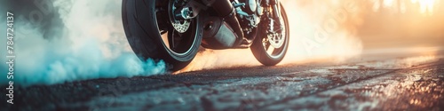 biker staying on bike on road with smoke of the tire, burn out in the moto show photo