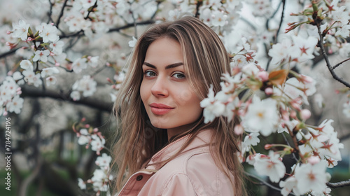 soft focus of confident attractive woman with long hair in pink jacket looking at camera in front of cherry tree with blooming branches and white flowers in garden