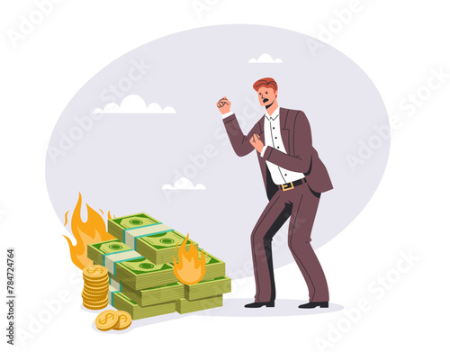 Money burn. Bankrupt businessman character. Vector flat cartoon illustration