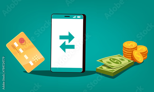 Dollars and coins money currency send from one smartphone to another. Online transaction concept. Vector flat cartoon illustration