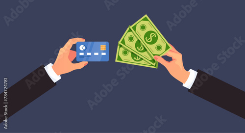 Dollars and coins money currency send from one smartphone to another. Online transaction concept. Vector flat cartoon illustration
