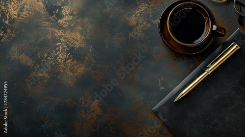 Top view pen and pencil supplies on the office leather desk. AI generated image photo