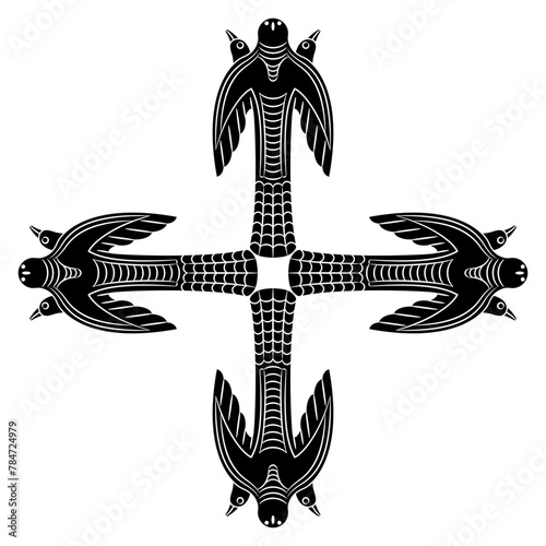 Square cross shape ornament with four stylized three headed birds. Permian animal style. Ancient Siberian shamanistic totem. Black and white silhouette.