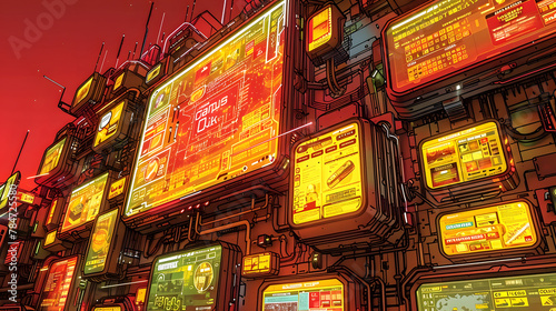 A dystopian cyberpunk cityscape featuring a dense cluster of neon billboards glowing under a deep red sky photo
