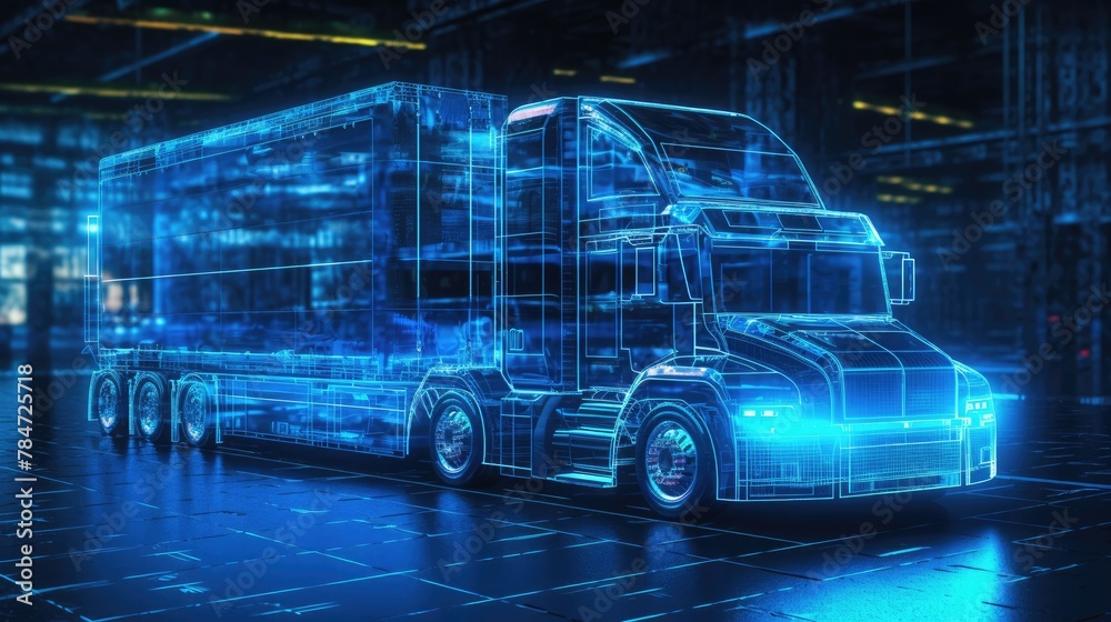 A digital illustration of a semi truck rendered in blue lines on a black background. A digital illustration of a semi truck rendered in blue lines on a black background.