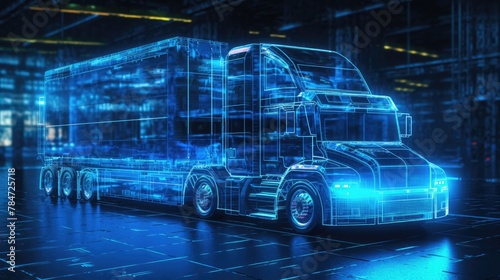 A digital illustration of a semi truck rendered in blue lines on a black background.