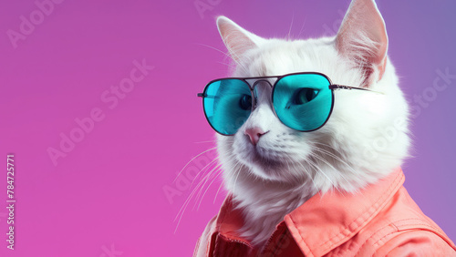 A white cat wearing blue sunglasses and a pink leather jacket  looking directly at the camera with a serious expression on its face.